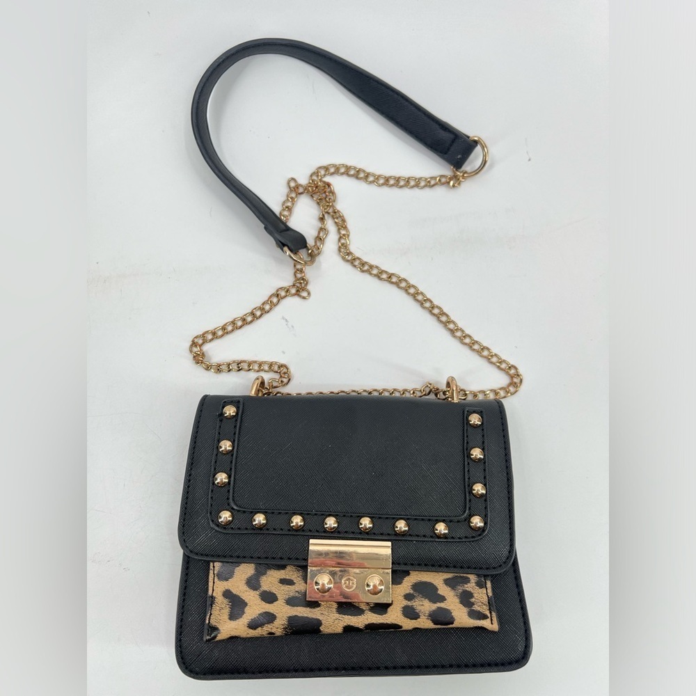 Alexis Bendel small crossbody bag black leopard gold chain purse